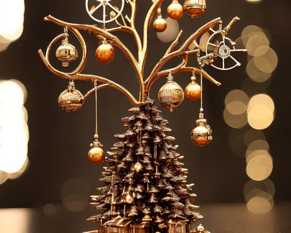 Golden Decorated Metal Christmas Tree with Sparkling Lights on Bokeh Background