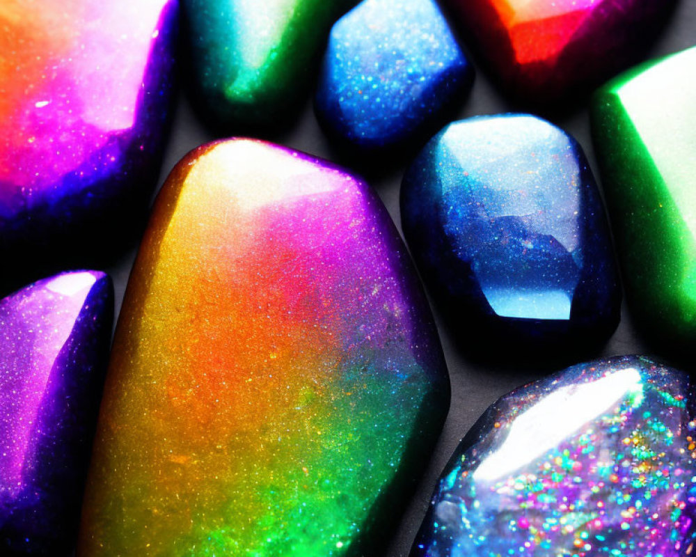 Shimmering Gemstones with Iridescent Hues on Grey Background