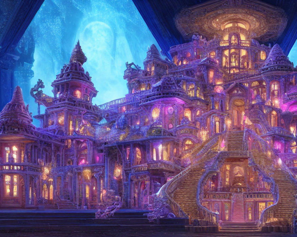 Fantasy Palace with Purple and Gold Lights and Grand Staircases