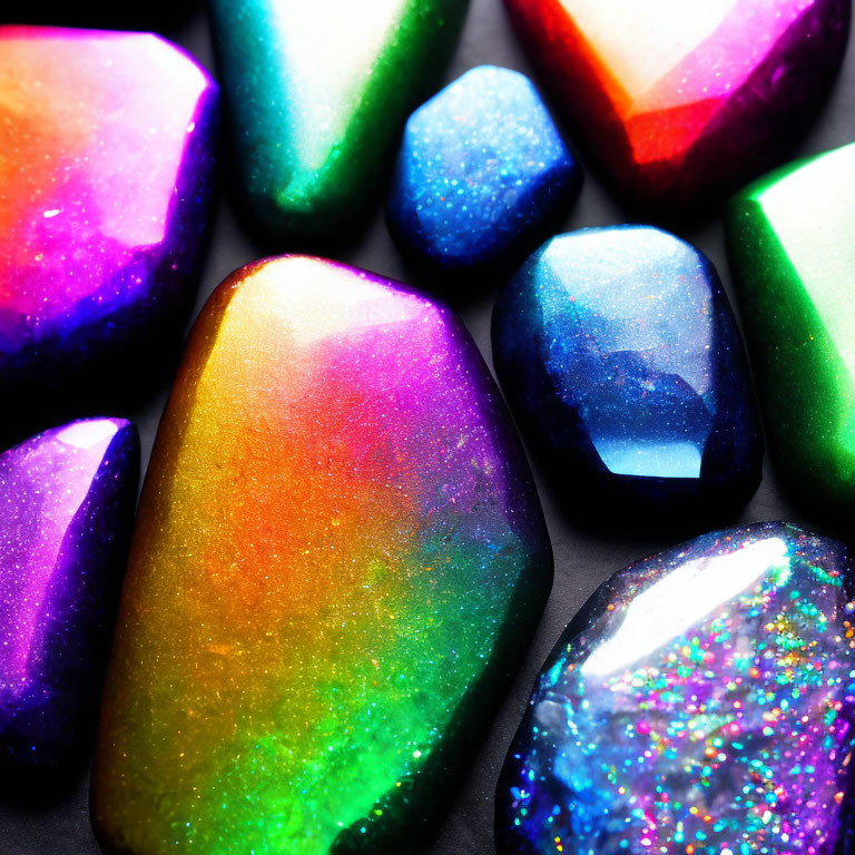 Shimmering Gemstones with Iridescent Hues on Grey Background