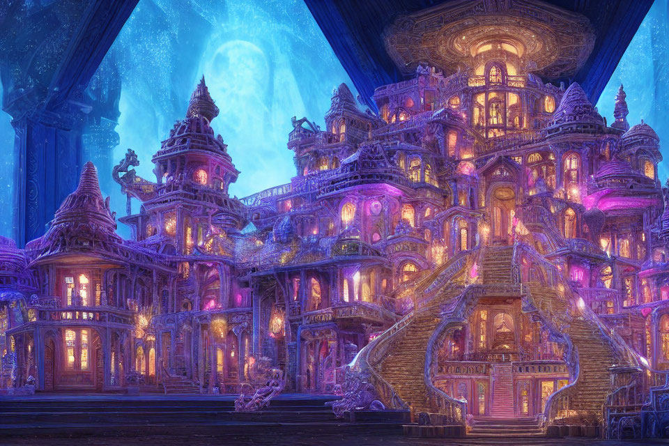 Fantasy Palace with Purple and Gold Lights and Grand Staircases