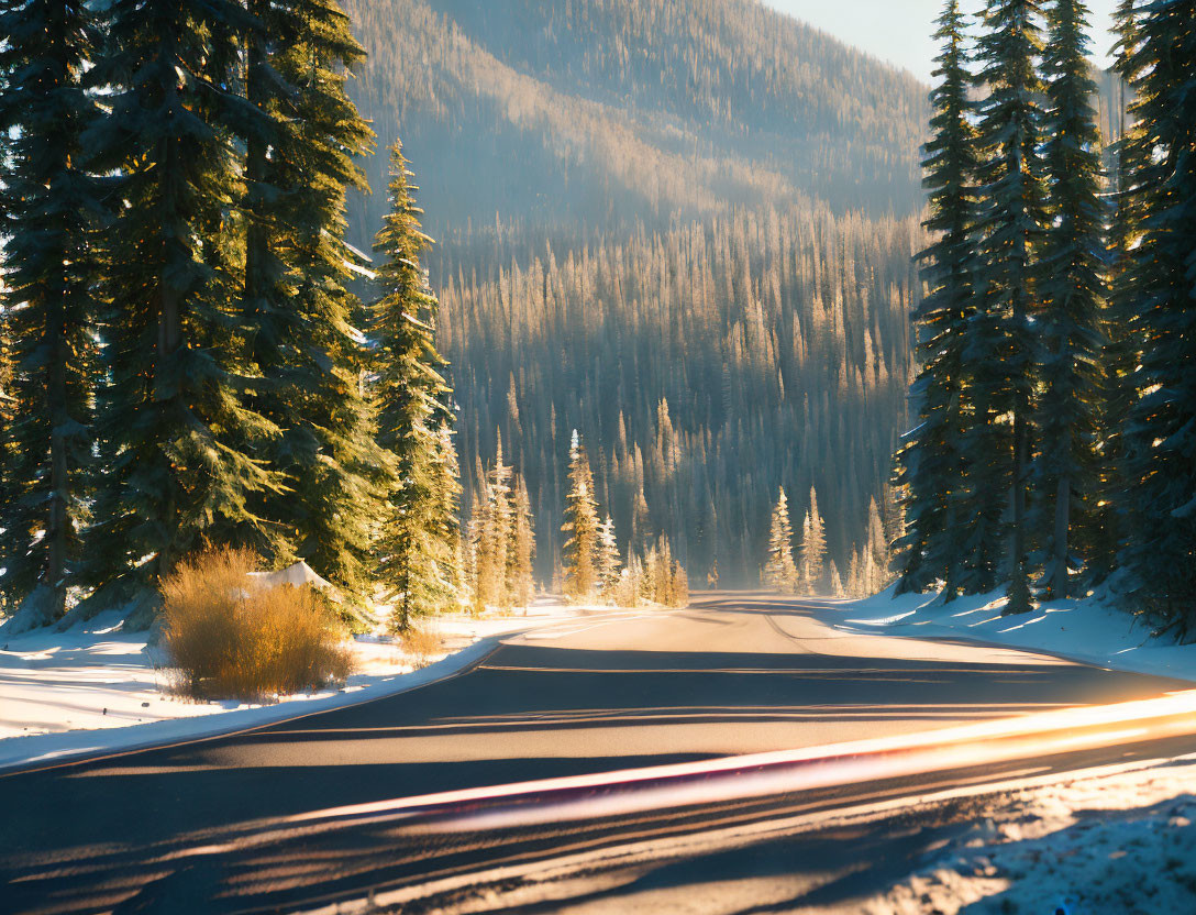 Snowy forest landscape with winding road and sunlight shadows