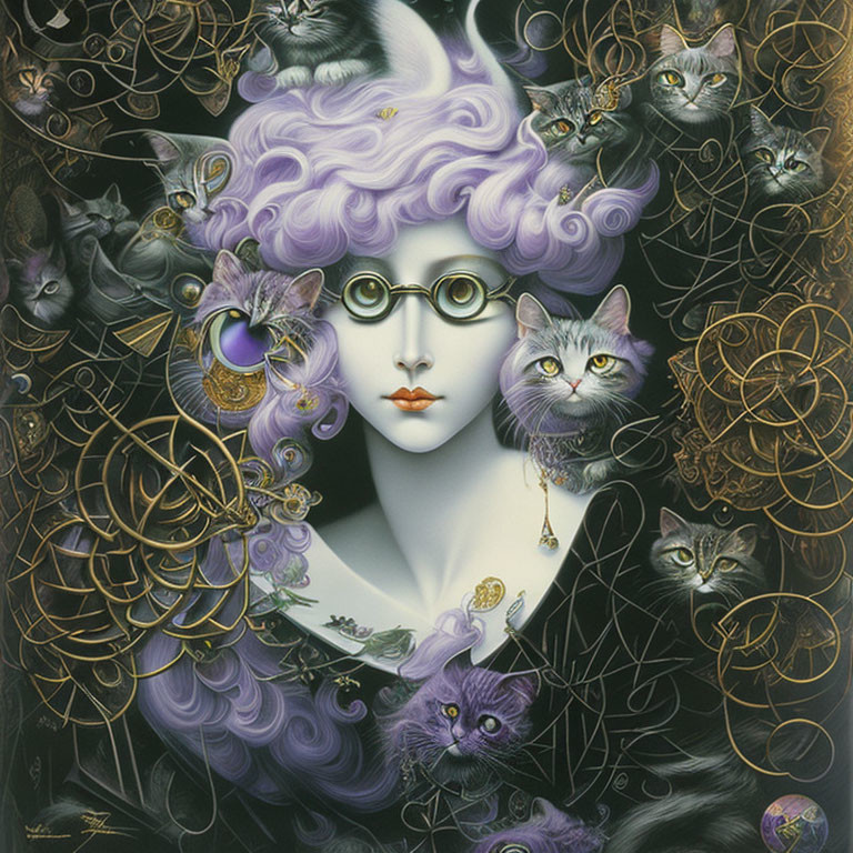 Woman with Purple Hair and Cats with Golden Patterns in Mystical Scene