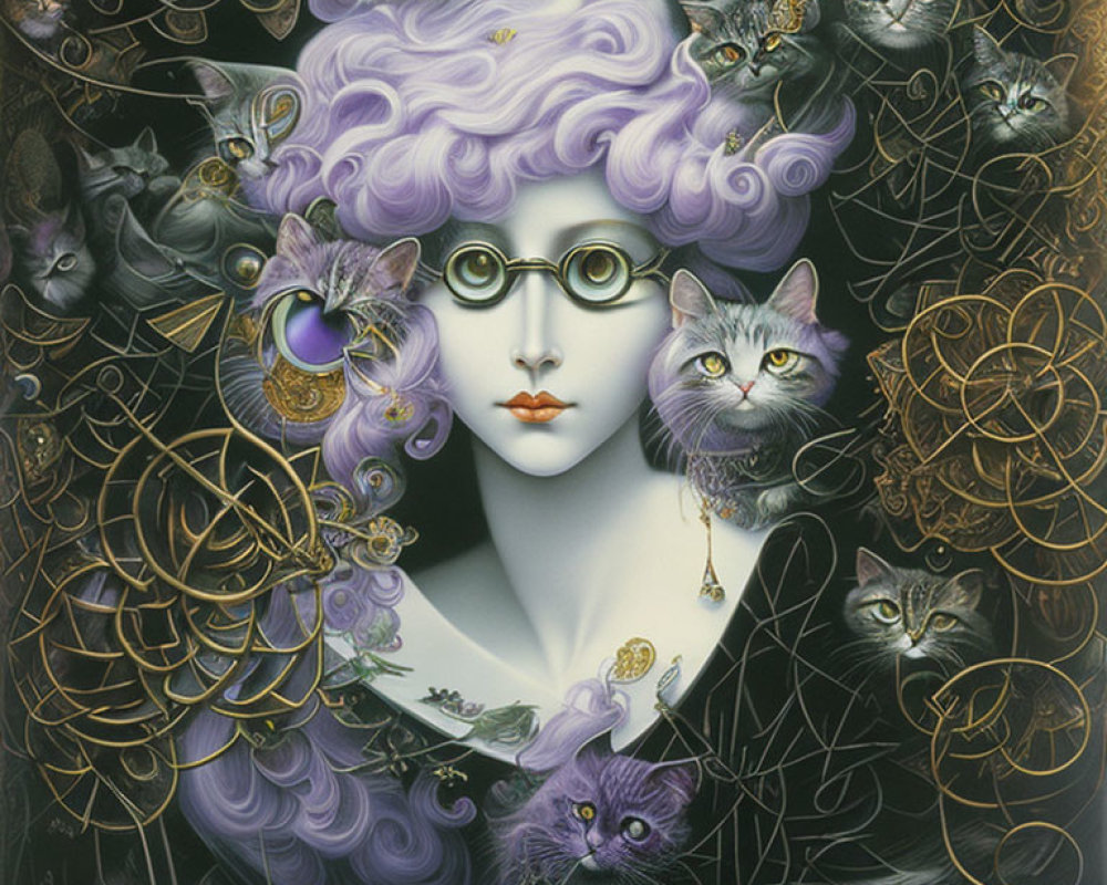 Woman with Purple Hair and Cats with Golden Patterns in Mystical Scene