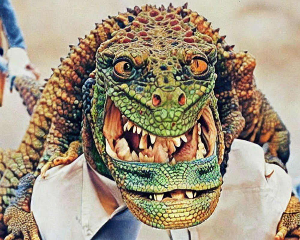 Realistic iguana costume with detailed, colorful head and sharp teeth.