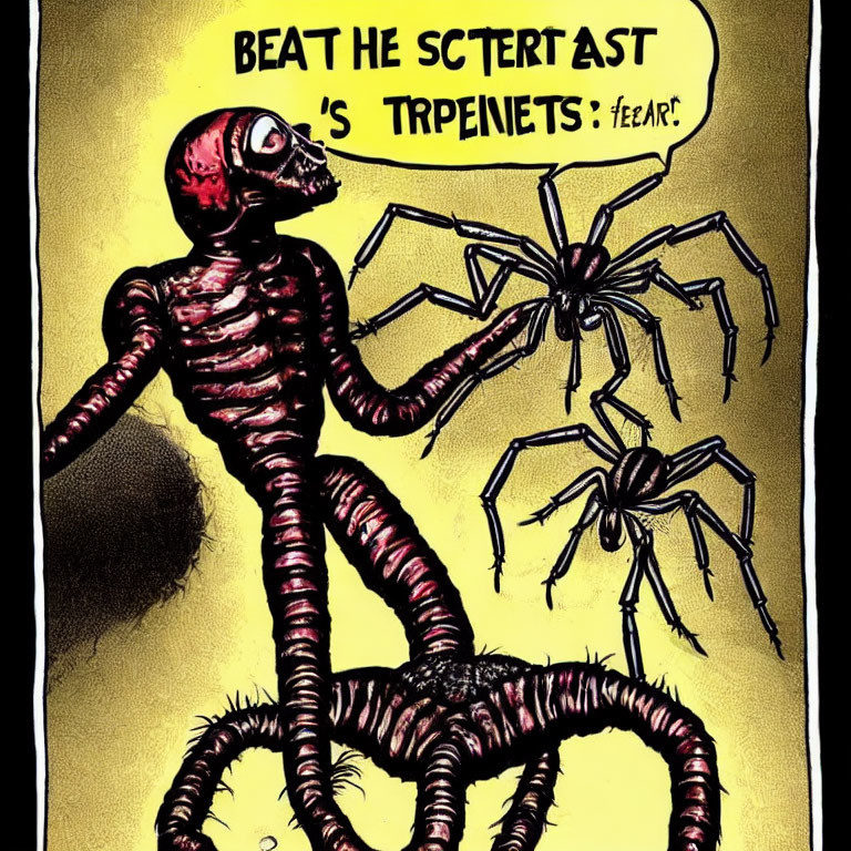 Skeletal creature with red eye among black spiders and bold text bubble