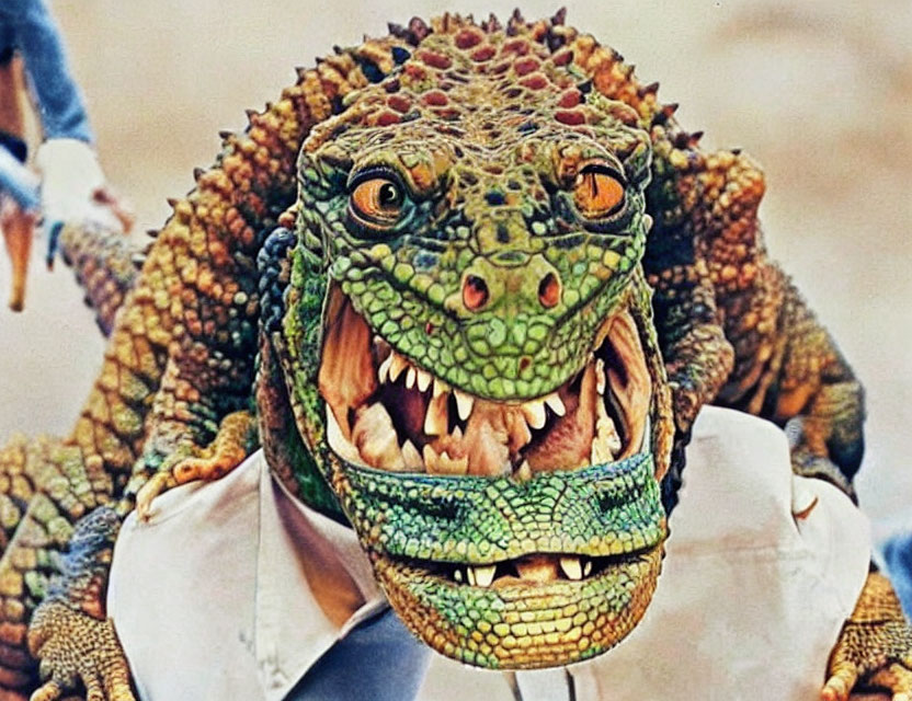 Realistic iguana costume with detailed, colorful head and sharp teeth.