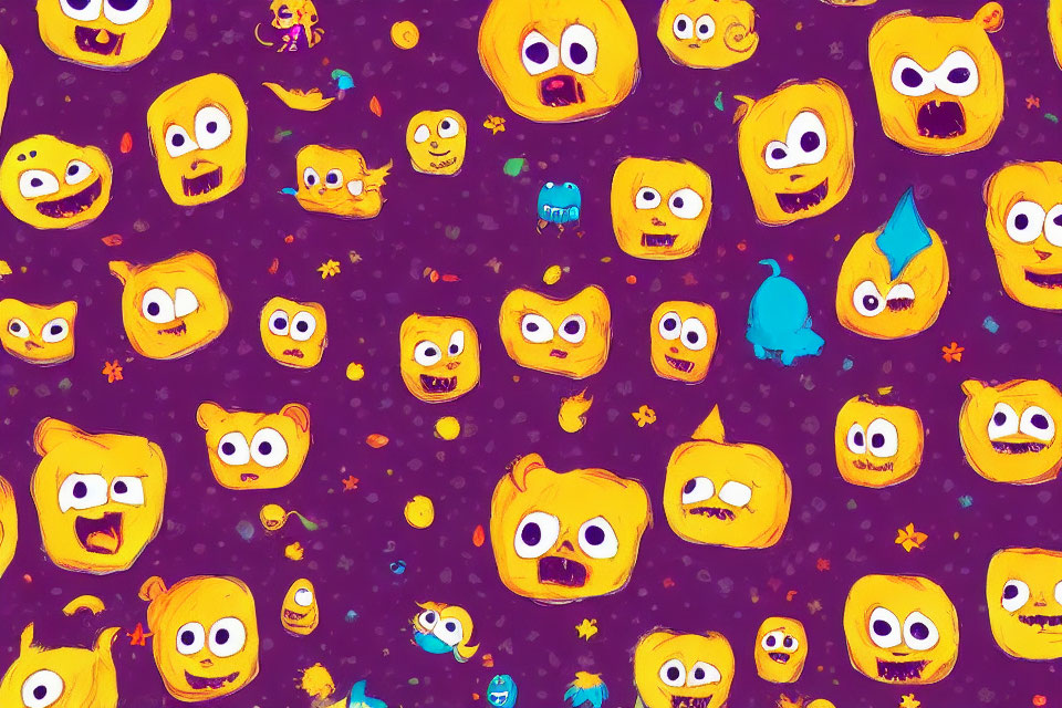 Colorful Cartoonish Yellow Faces on Purple Starry Background