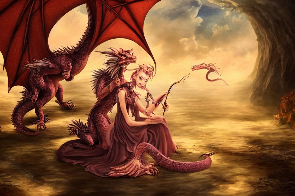 Fantasy woman in dragon attire with staff beside large dragon at twilight