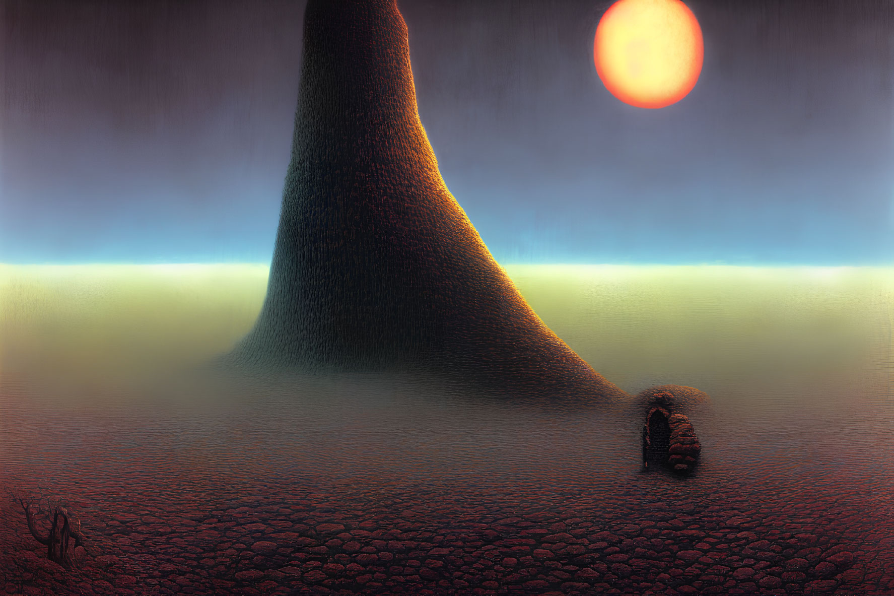 Surreal landscape with large mountain structure and red sun.