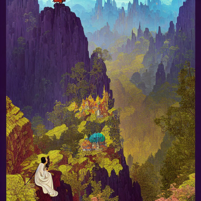 Illustrated scene: Character in white gazes at vibrant fantasy landscape