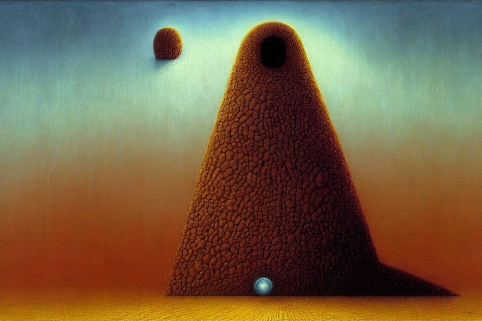 Surreal landscape with cone-like hill, orbs, and gradated sky