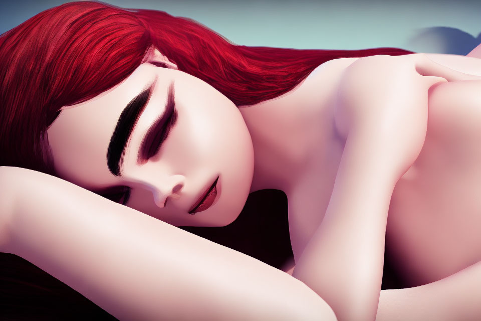 Digital illustration: Person with vibrant red hair and dramatic makeup in serene pose