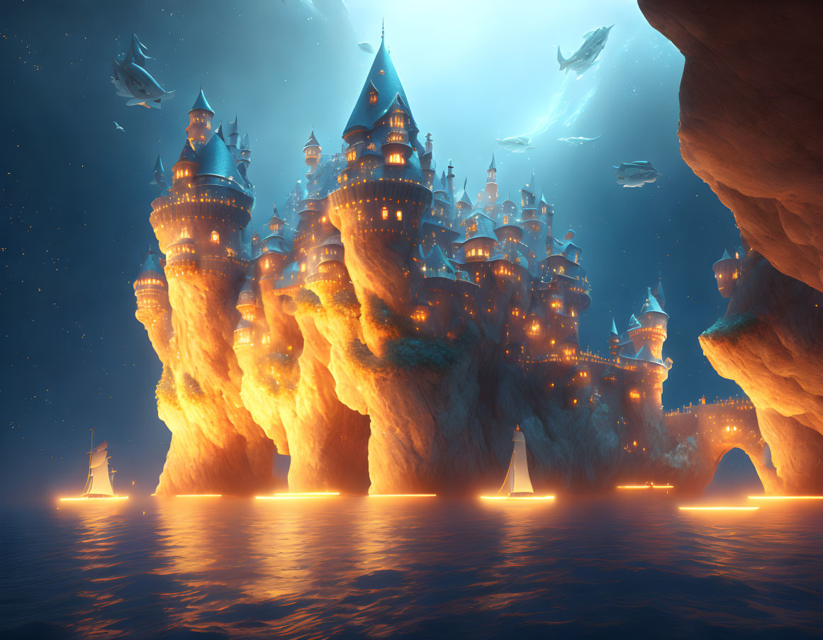 Ocean Night Scene: Castles on Rock Pillars, Flying Whales, Sailboats, Starry