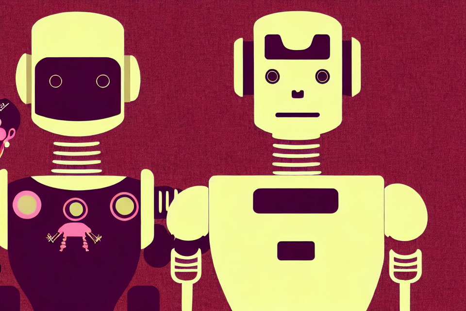 Vintage-Style Purple and Yellow Robots on Burgundy Background