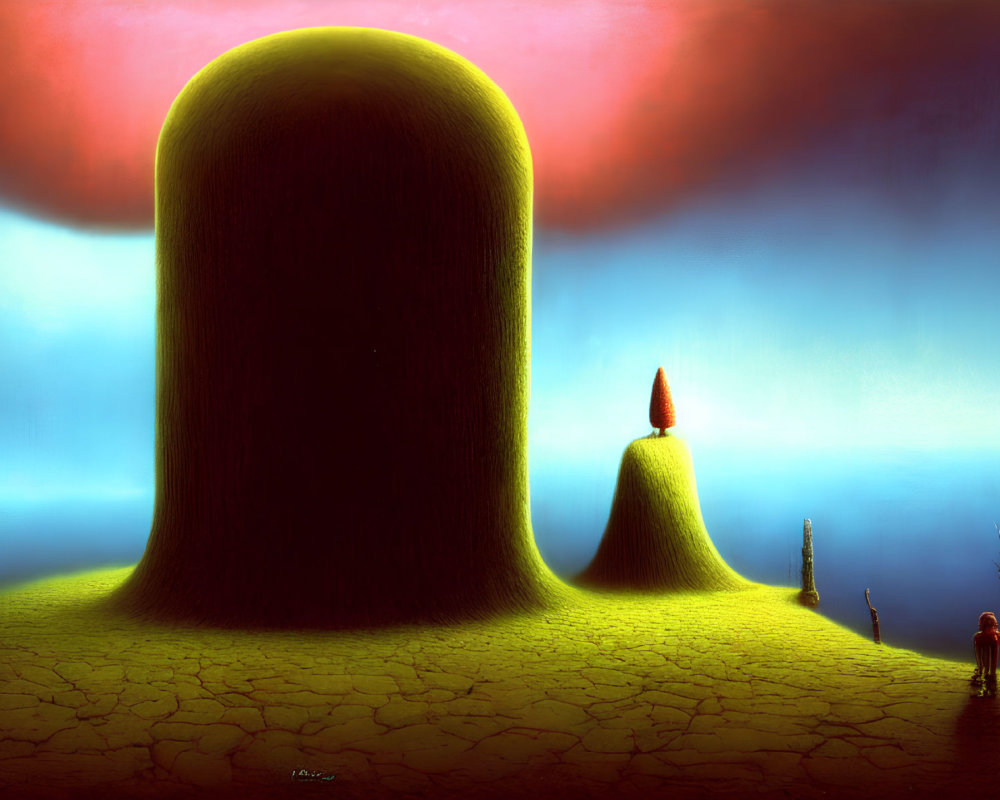 Surreal landscape featuring mound-like structures, red and blue gradient sky, small figure, withered