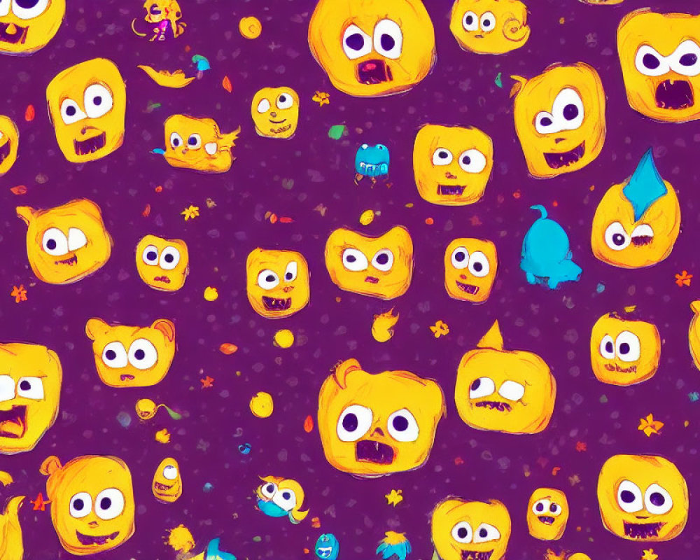 Colorful Cartoonish Yellow Faces on Purple Starry Background