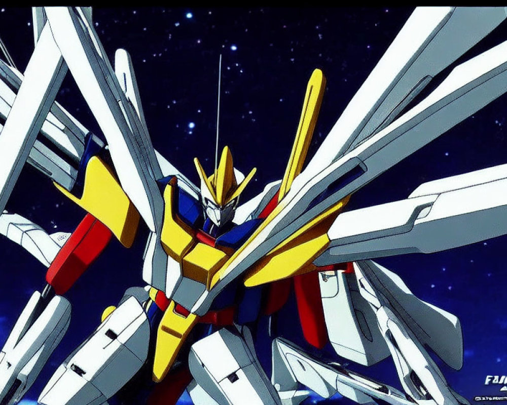 White Winged Mech Illustration in Space with Red, Blue, and Yellow Details