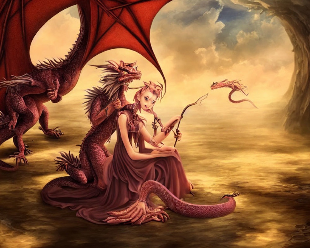 Fantasy woman in dragon attire with staff beside large dragon at twilight