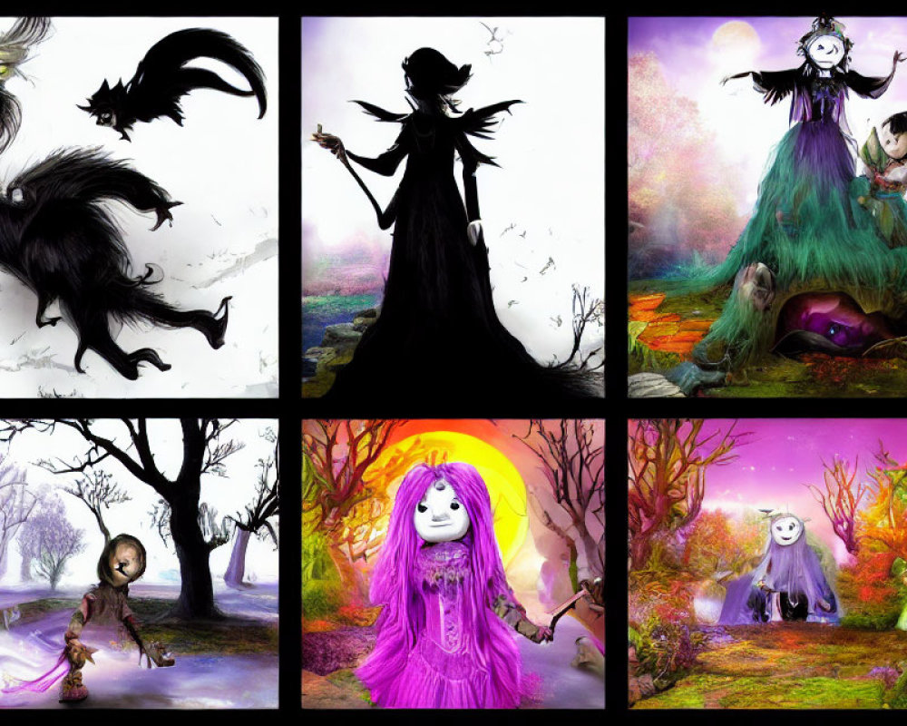 Six Fantasy-Themed Illustrations: Whimsical Characters, Black Bird Creature, Witch Silhouette,