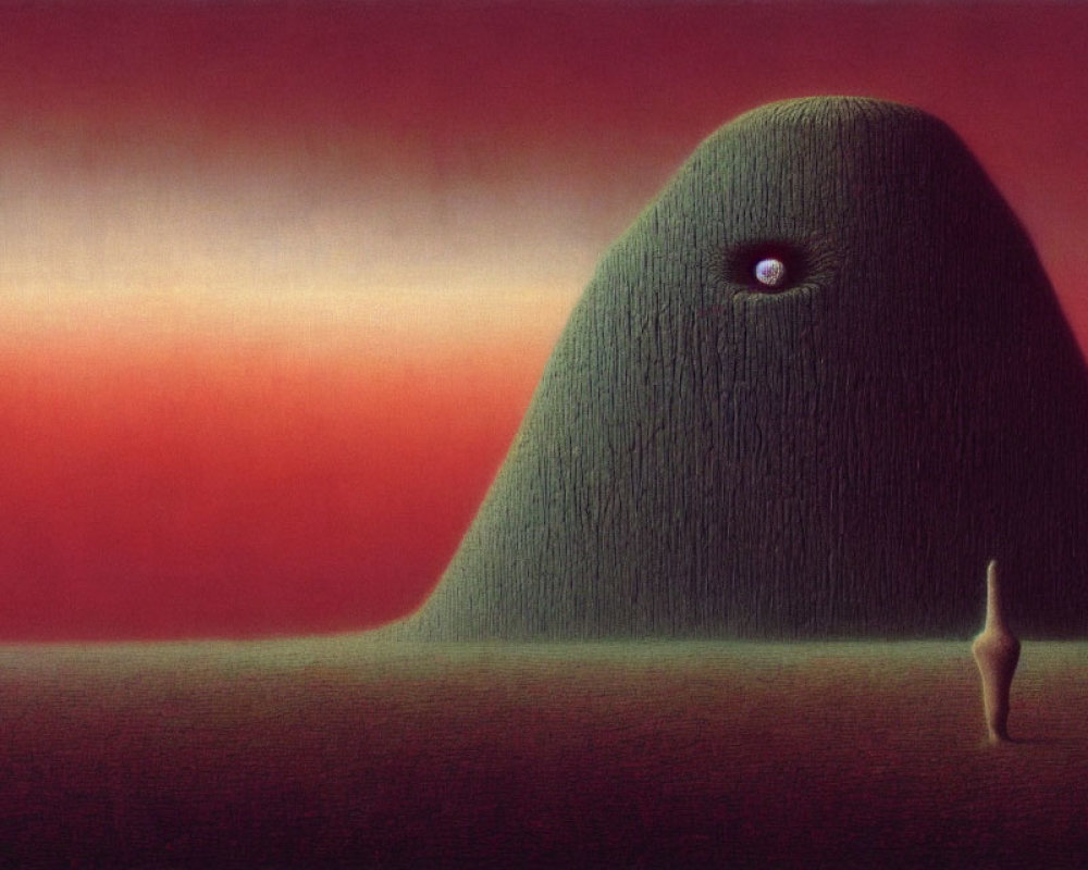 Surreal landscape with green hillock, single eye, figure, and red sky