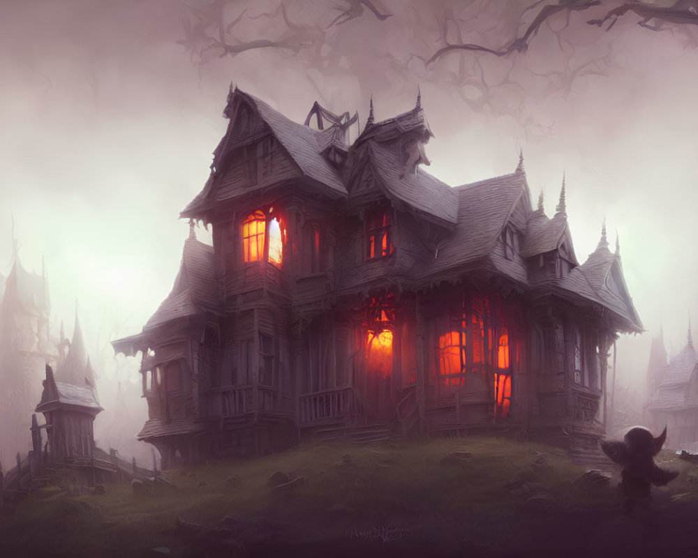 Gothic-style house with glowing red windows in eerie landscape