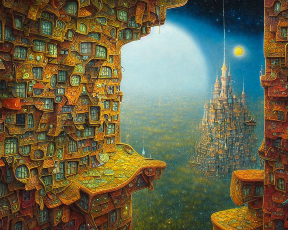 Surreal artwork of cliff with whimsical houses and castle overlooking twilight sea