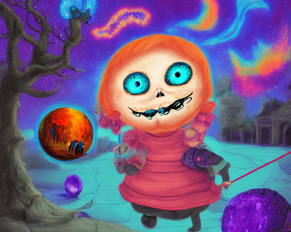 Colorful character with pumpkin head and wand in eerie setting