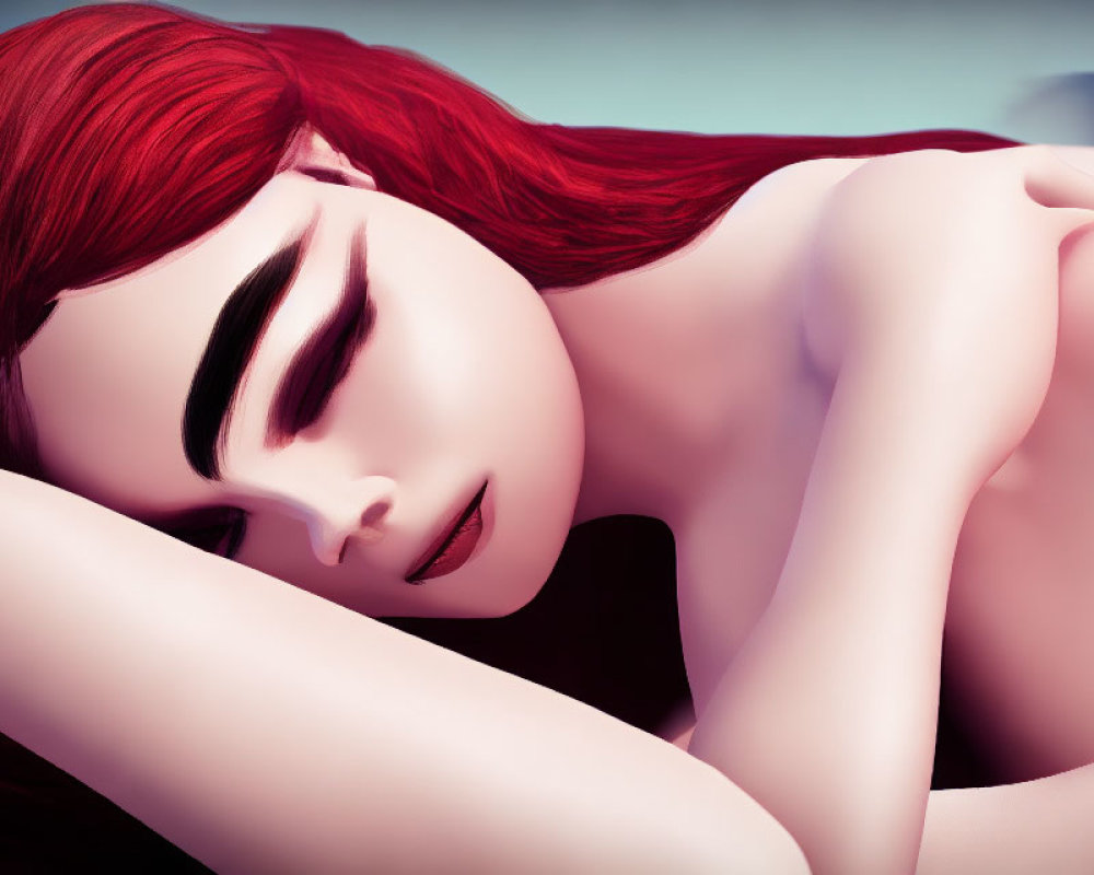 Digital illustration: Person with vibrant red hair and dramatic makeup in serene pose