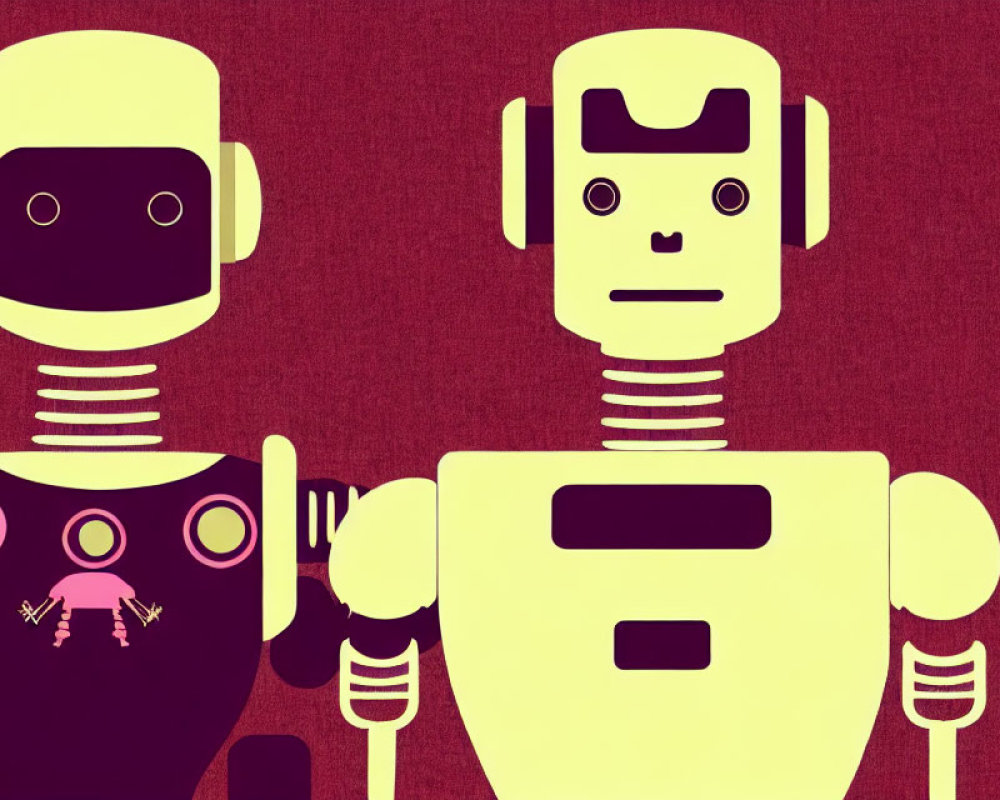 Vintage-Style Purple and Yellow Robots on Burgundy Background