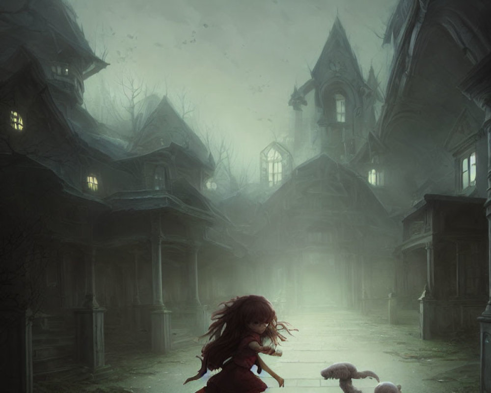 Fearful young girl running in foggy gothic street with teddy bear