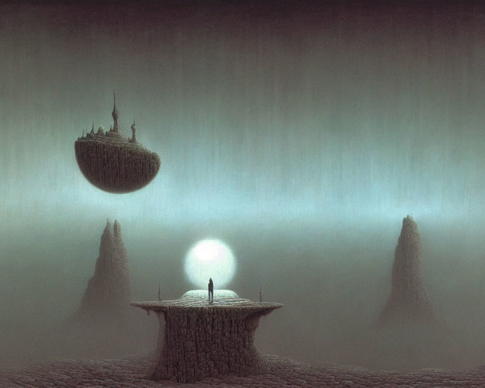 Floating island with castle above solitary figure on stone platform, rocky peaks, hazy sky, bright orb