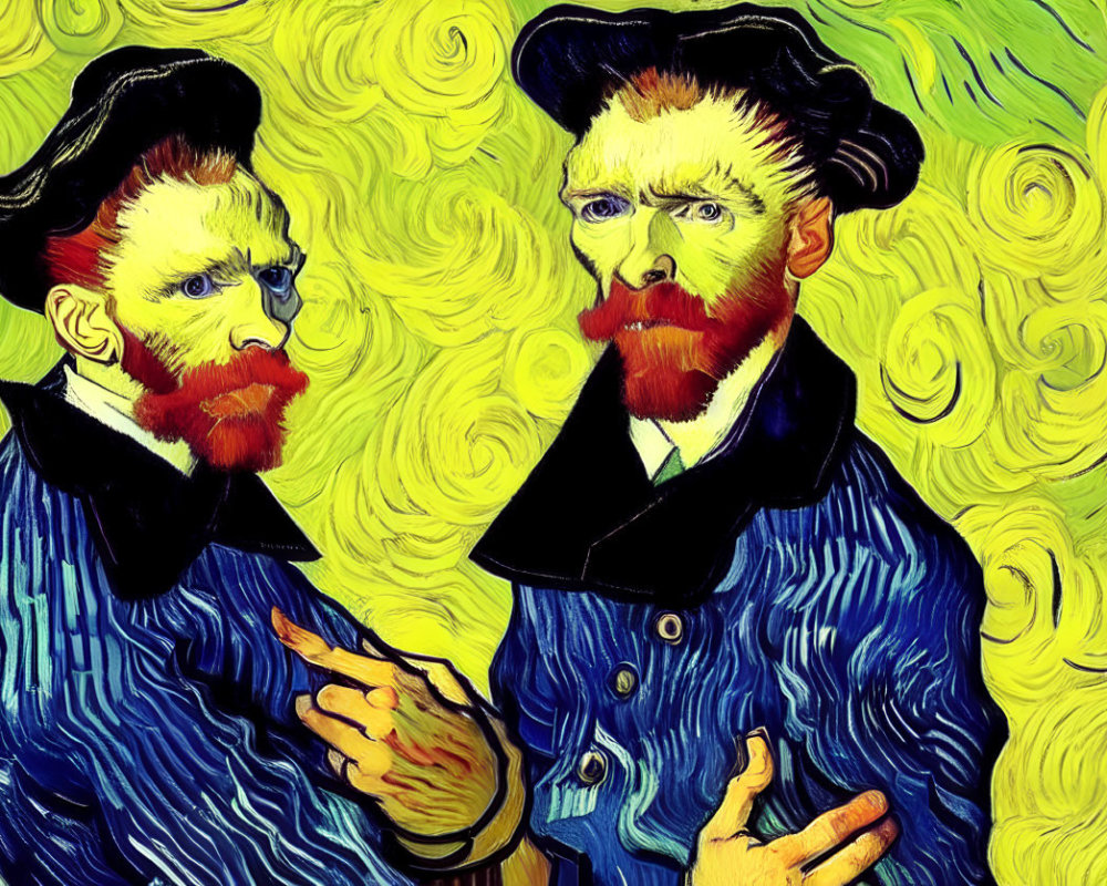 Van Gogh-inspired self-portraits with swirly yellow background.