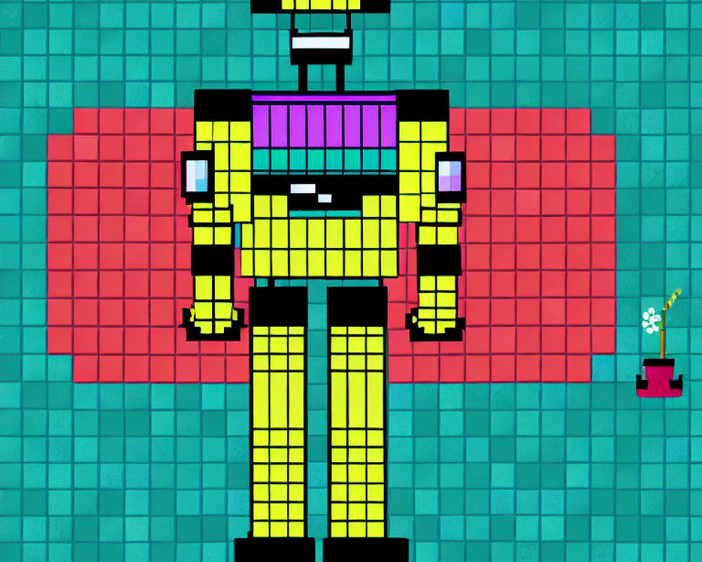 Yellow Robot with Red Wings Pixel Art on Teal Background with Potted Plant