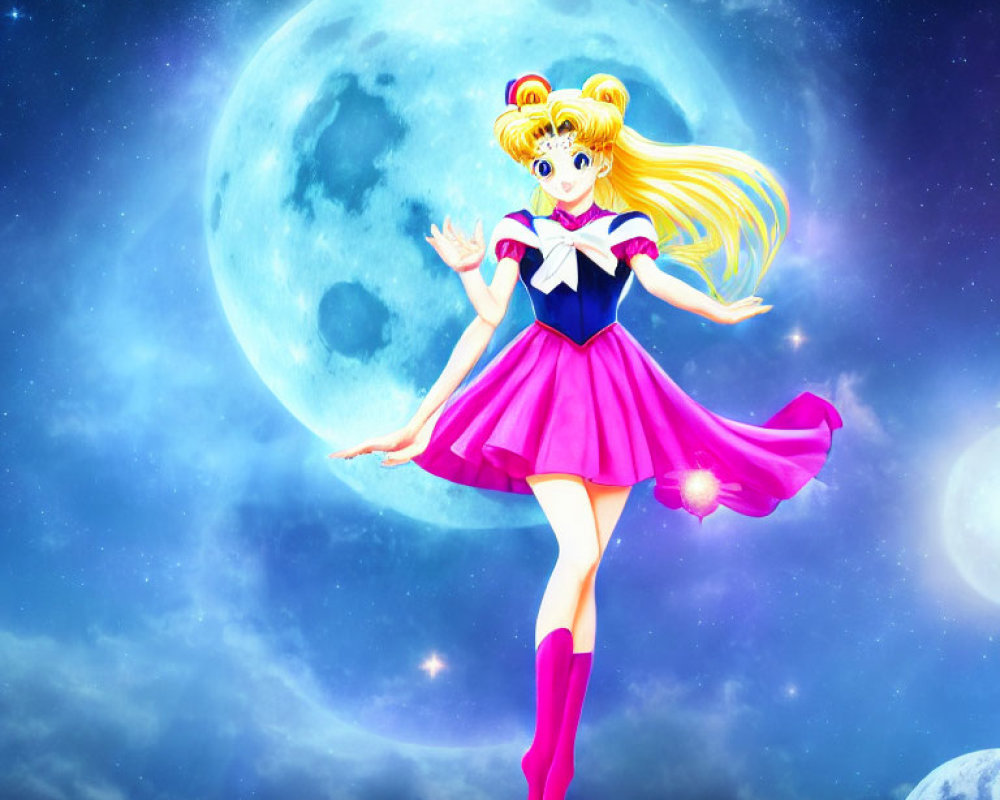 Blonde anime character in space with moon and stars