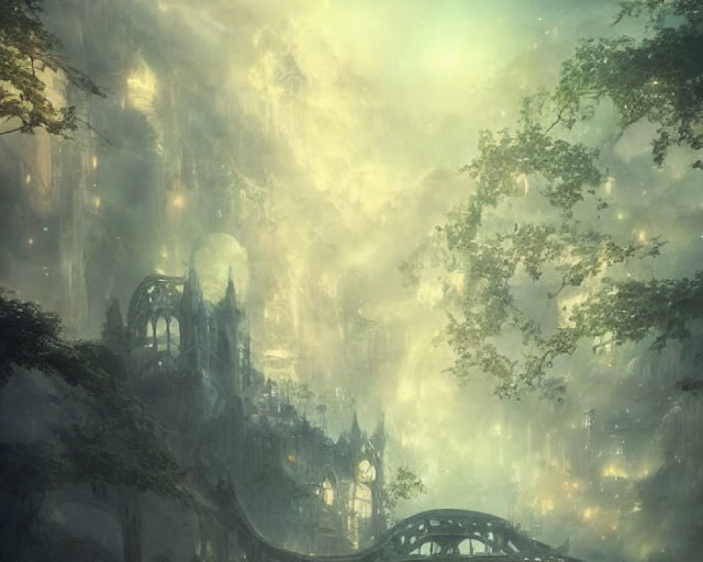 Ethereal gothic city with figures walking among ancient trees