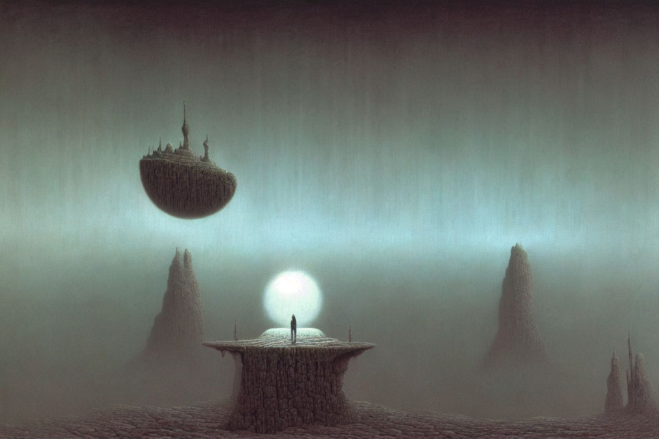 Floating island with castle above solitary figure on stone platform, rocky peaks, hazy sky, bright orb