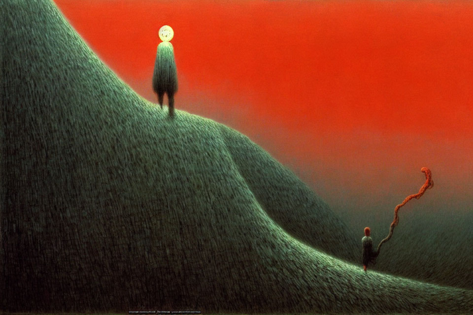 Surreal painting of two figures on grassy hills under a red sky