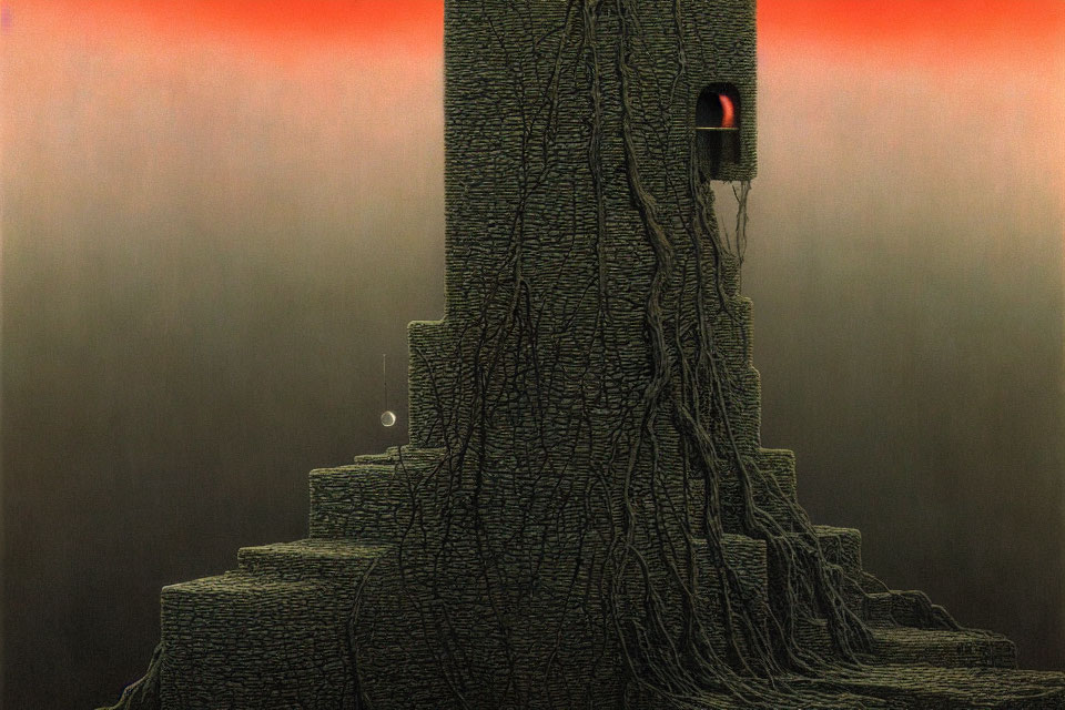 Surreal tower with textured vines in red-gradient sky landscape