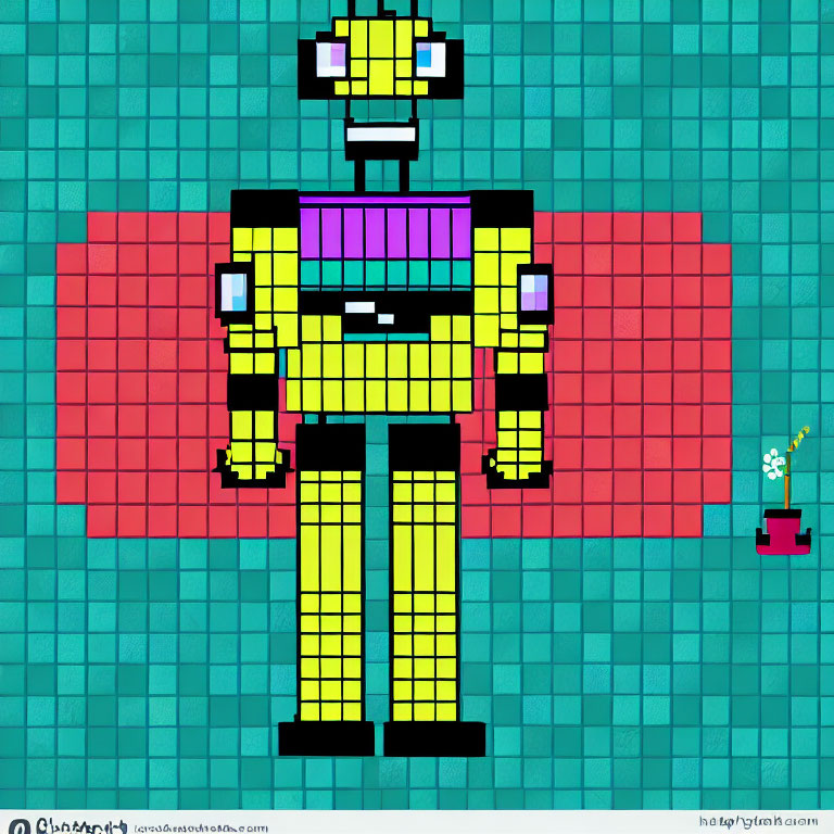 Yellow Robot with Red Wings Pixel Art on Teal Background with Potted Plant