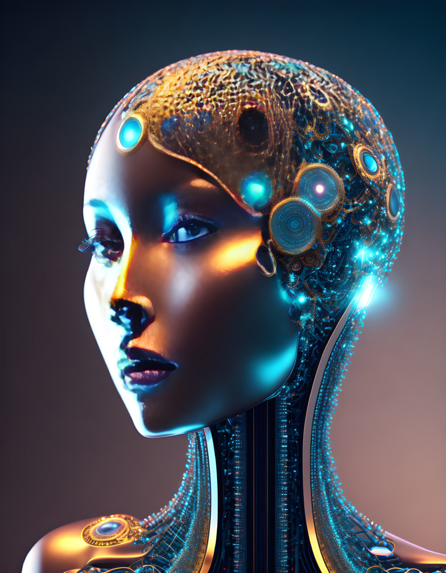 Futuristic female robotic head with glowing details on dark background