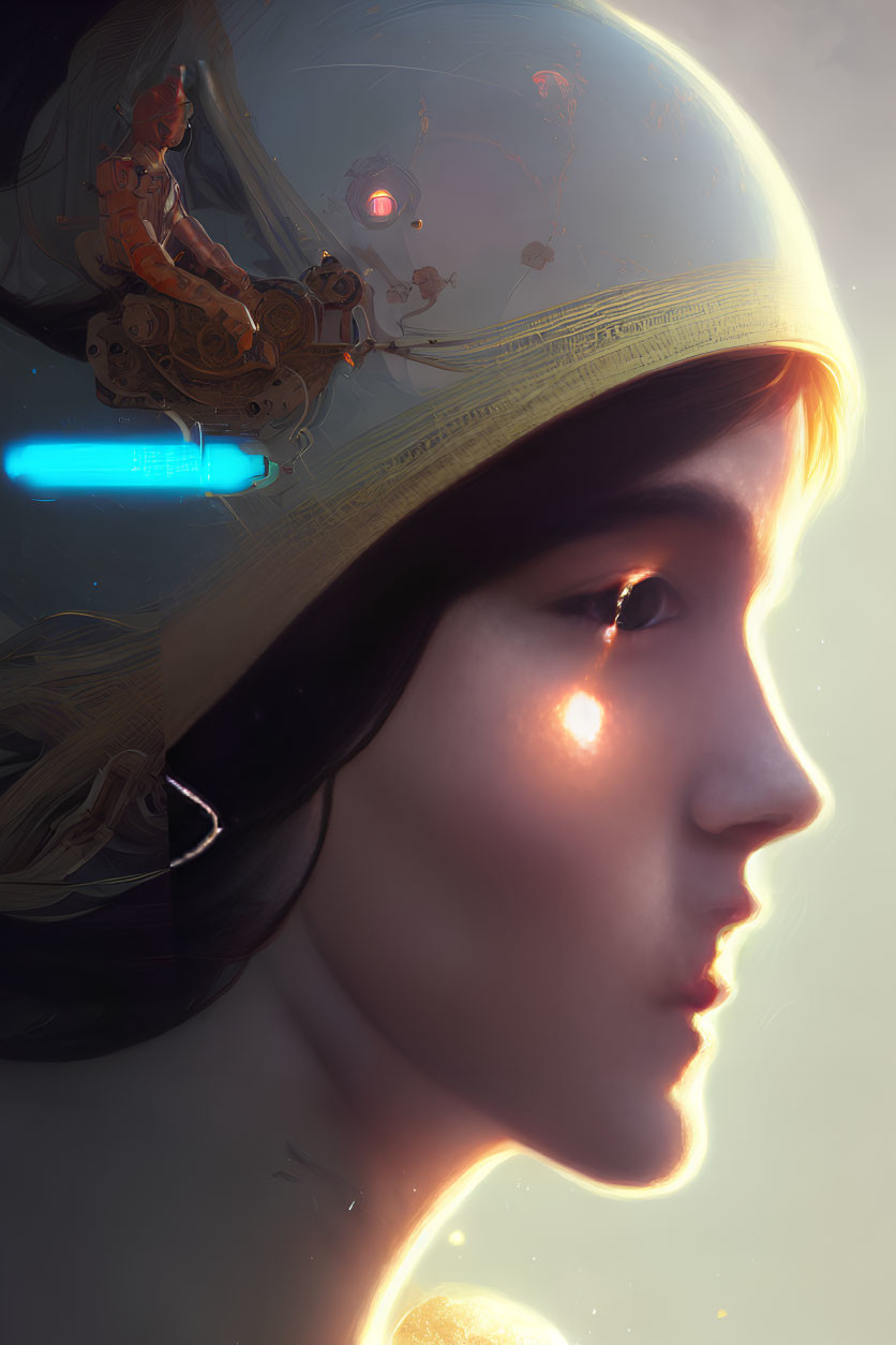 Profile portrait of woman in astronaut helmet with space reflections and warm light.