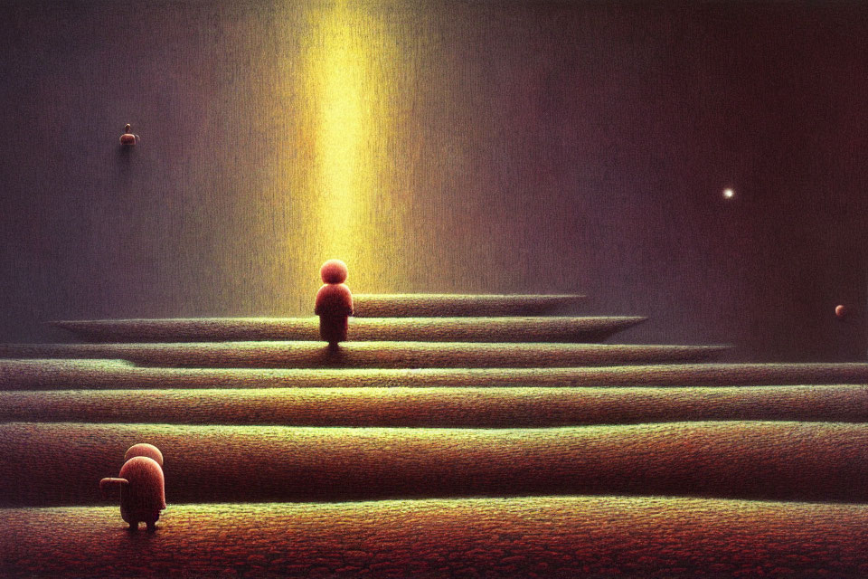 Round-headed figurines on textured steps under a beam of light in dreamlike setting