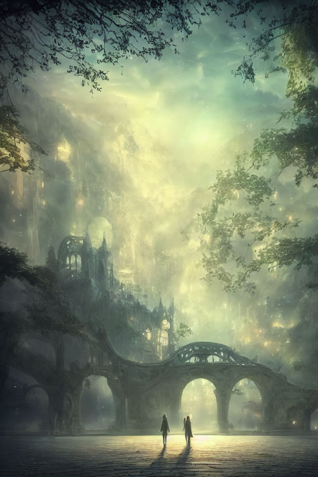 Ethereal gothic city with figures walking among ancient trees