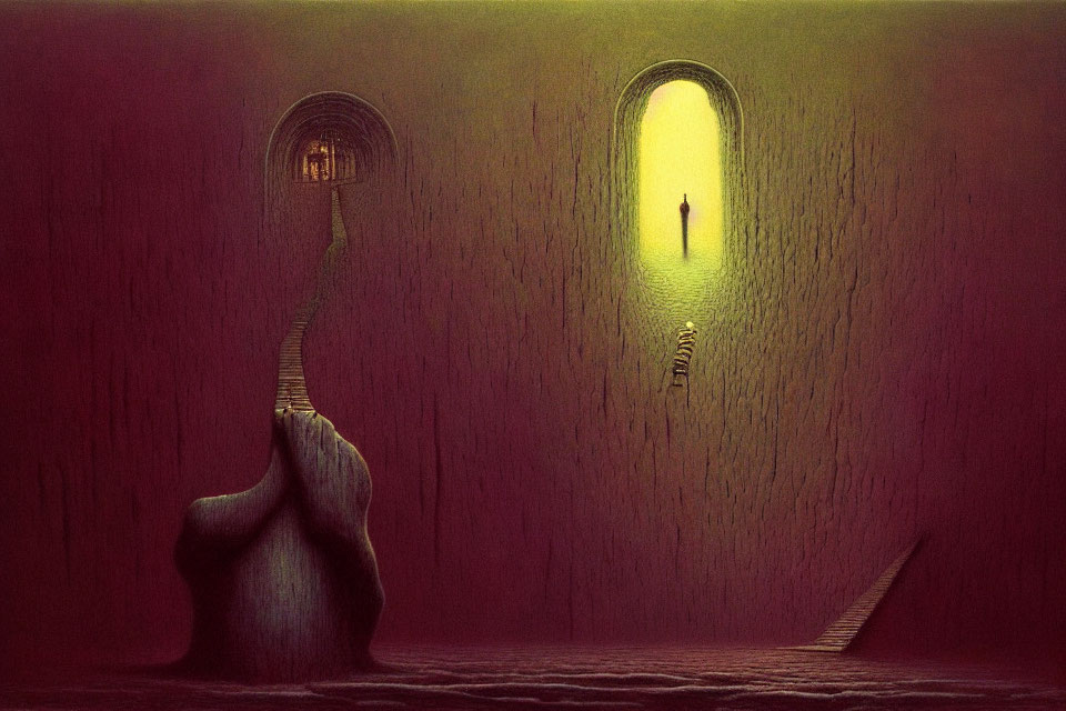 Surreal artwork featuring figure in doorway, elevated stairs, and elephant-like shape