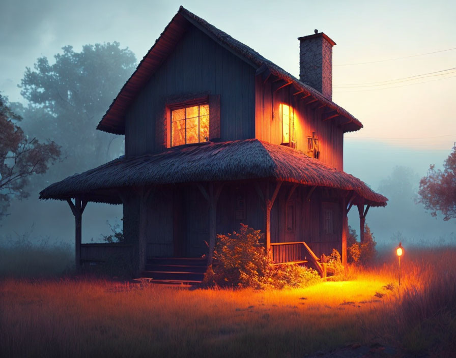 Thatched-Roof Cottage with Glowing Lights in Twilight Mist