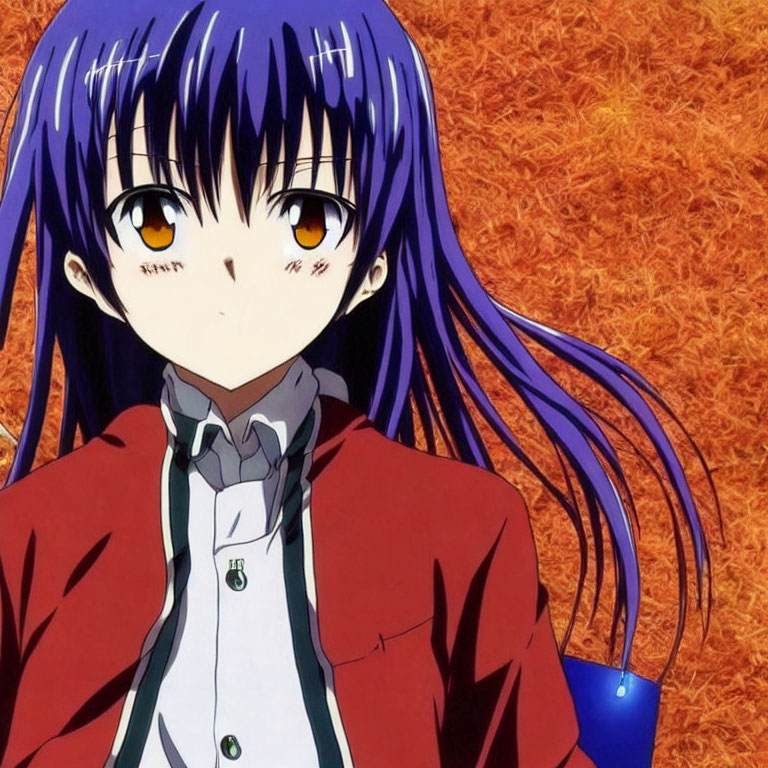 Blue-haired animated character in school uniform on orange background