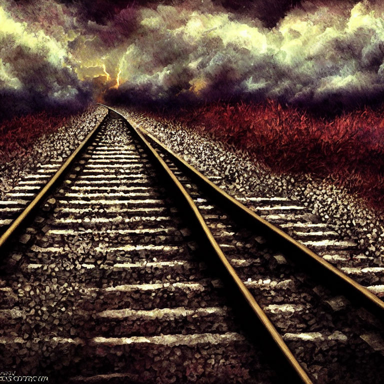 Stormy sky over distant railroad tracks