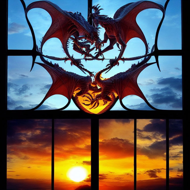 Symmetrical digital art: dragon silhouette against sunset sky and barred window view.