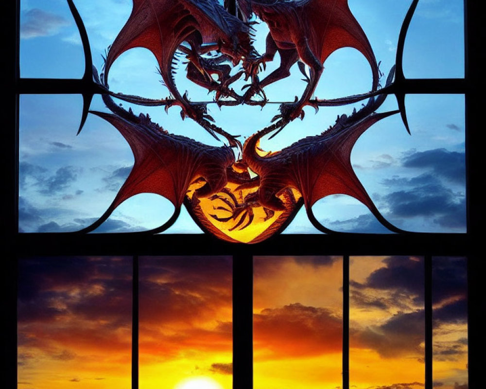 Symmetrical digital art: dragon silhouette against sunset sky and barred window view.